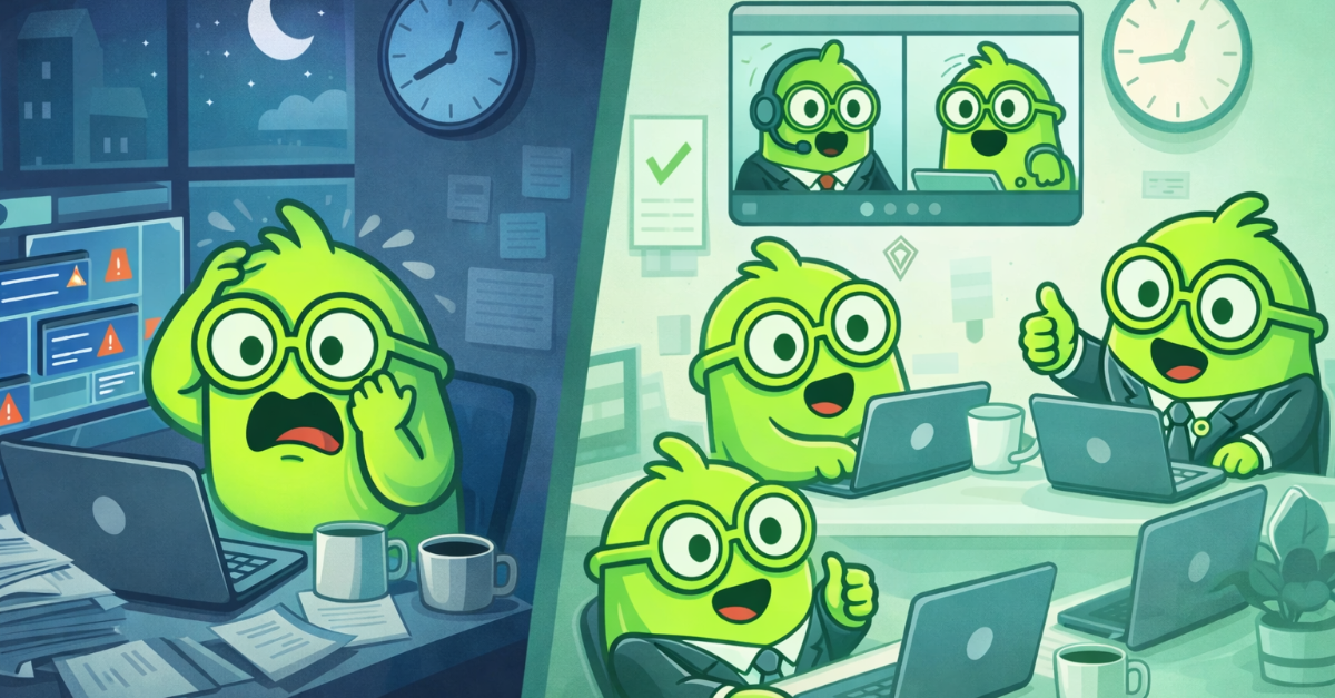 One the left: A lone BOB panics late at night while working on a project. On the right: A team of BOBs look happy and rested as they collaborate